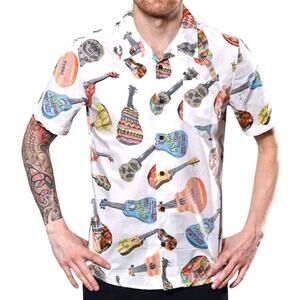 Vans Casual Friday Aloha Shirt Medium White Ukuleles Guitar Summer Tee Button Up